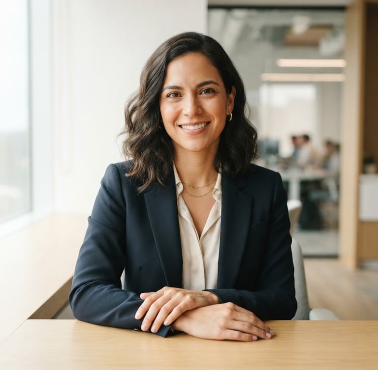 Professional, warm-toned portrait of Ana Moreno, a modern communication strategist, looking confidently at the camera, soft natural daylight, clean minimalist background, 50mm lens, editorial style