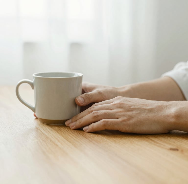 A close-up of hands resting on a warm wooden table next to a ceramic mug, soft overcast daylight, shallow depth of field, calm and quiet atmosphere.