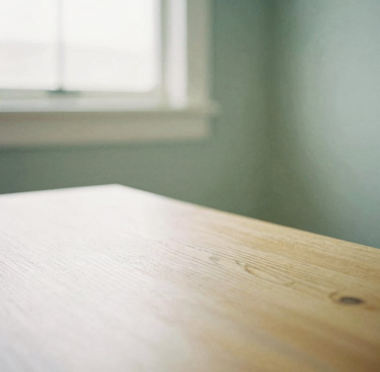 A soft-focus close-up of a warm cream consultation room, natural light streaming through a window onto a wooden table, sage green accent wall, shallow depth of field, 35mm