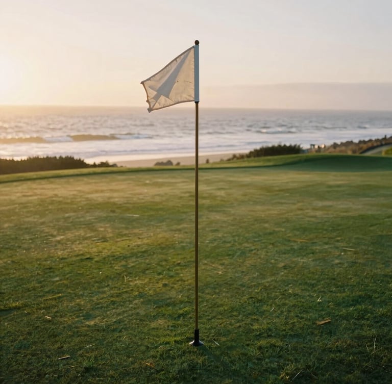 Close-up editorial photograph of a coastal golf course green overlooking the ocean at sunset, soft golden glow, weathered wooden flagstick, gentle ocean mist, 35mm photography