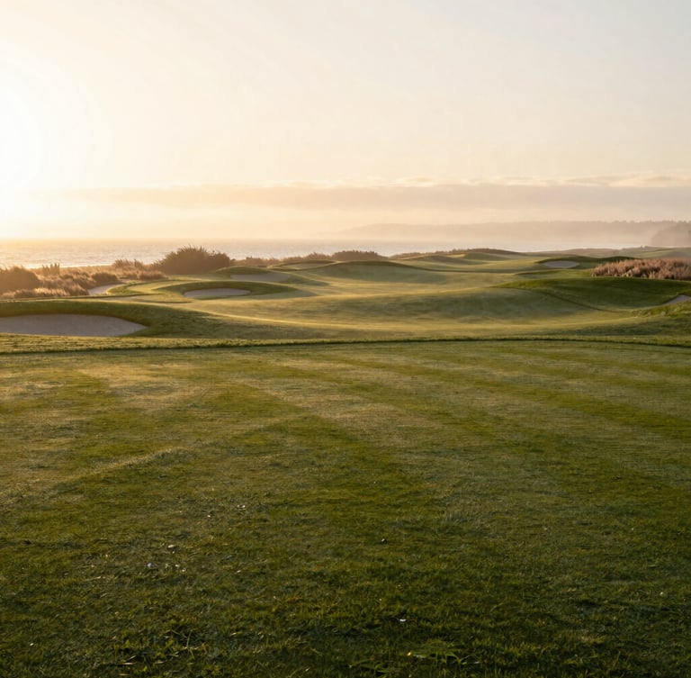 Wide panoramic view of a misty coastal golf course at sunrise, soft golden-hour light, dew on the fairway, unhurried atmosphere, 35mm photography