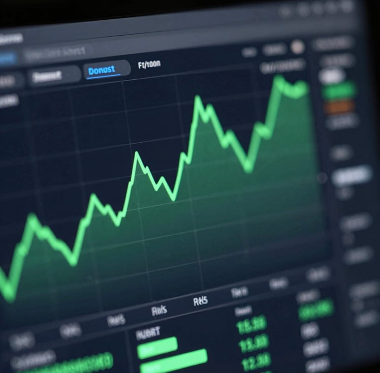 Close-up macro of a dark mode analytics dashboard with green trend lines rising, cool screen glow, high-end tech aesthetic.