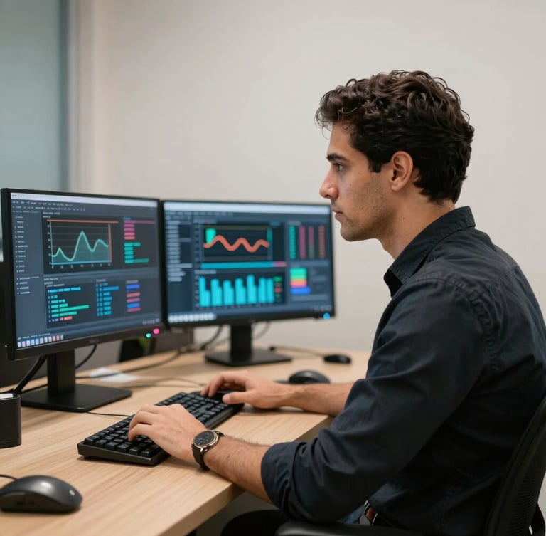 Retrato profissional de Alefe Frutuoso de perfil em seu escritório minimalista, iluminação suave vinda de monitores com gráficos de dados, atmosfera técnica e focada.