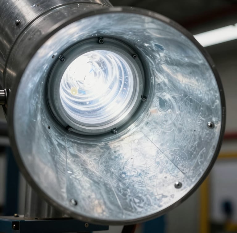 Macro close-up of a metal air duct interior, bright cool LED work light illuminating clean galvanized steel surfaces, sharp focus on metallic texture.