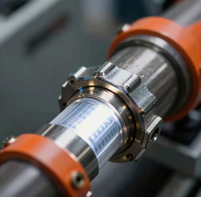 Macro shot of a heavy-duty industrial extraction hose connected to a dryer vent line, high-contrast cool LED work light illuminating the metal connection, safety orange accents on the machinery.