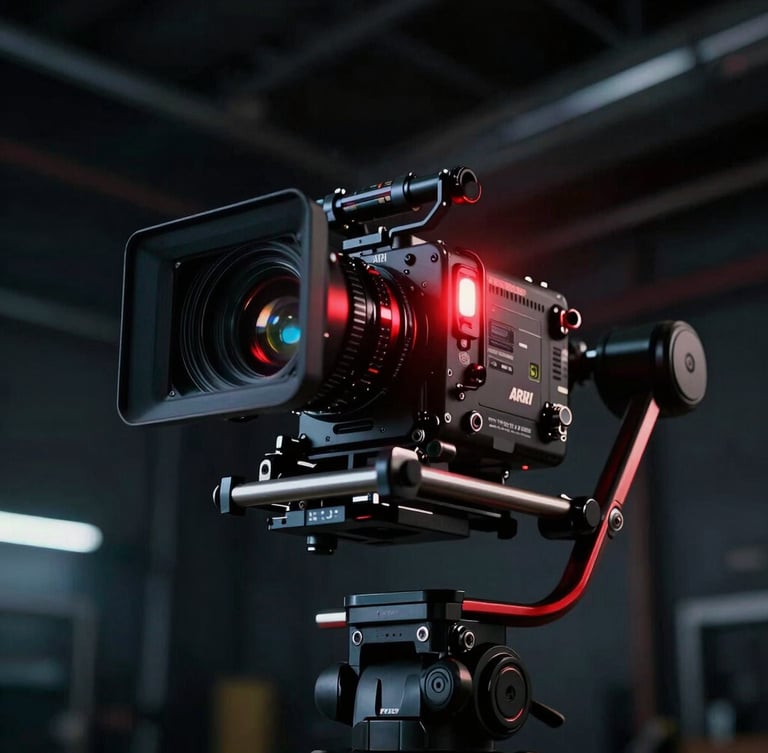 Low-angle close-up of an Arri Alexa camera rig on a stabilized gimbal, glowing red tally light, anamorphic lens flare, dark industrial studio background, 35mm.
