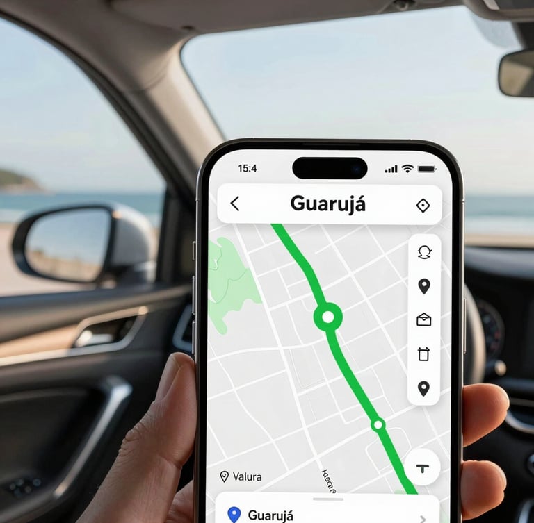 Over-the-shoulder shot of a clean mobile app interface showing a map of Guarujá, high-visibility green route line, inside a clean modern car interior with soft coastal daylight coming through the windows.