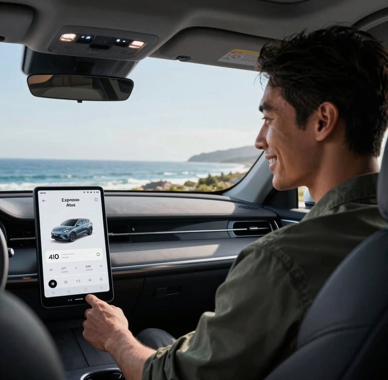 Over-the-shoulder shot of a modern car interior, a professional local driver smiling, looking at the Expresso Atos mobile app mounted on the dashboard, coastal daylight filtering through the window.