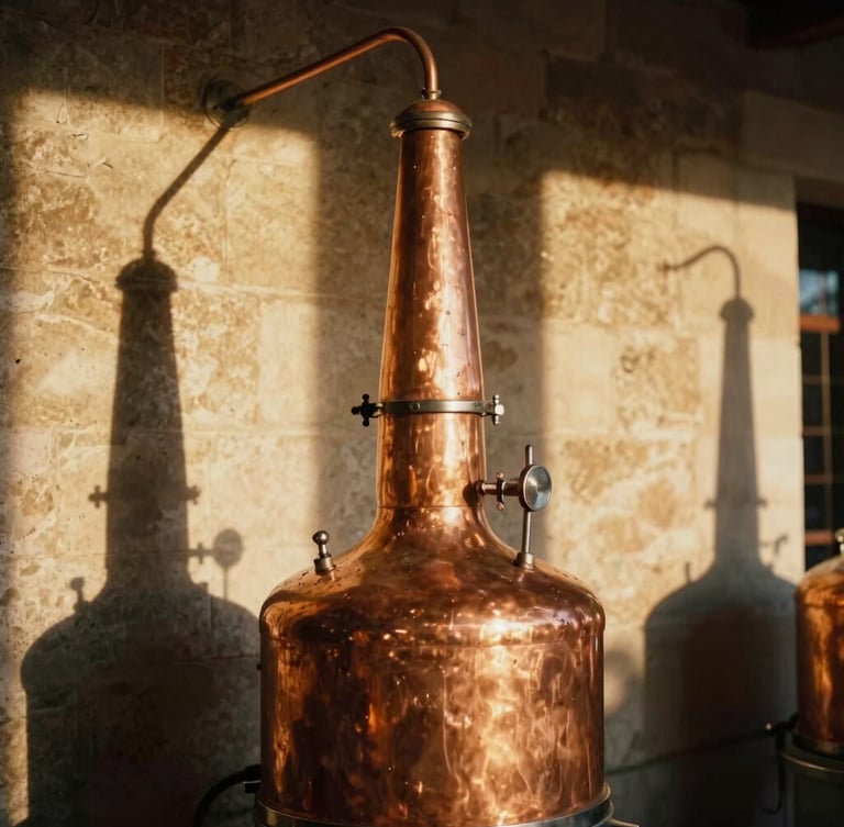 An authentic copper alambic still inside a regional French distillery, warm golden hour light casting long shadows on stone walls, shallow depth of field.