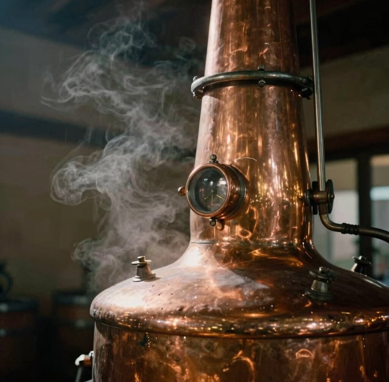 Close-up of a gleaming copper still in a rustic French distillery, warm side lighting, soft steam rising, shallow depth of field