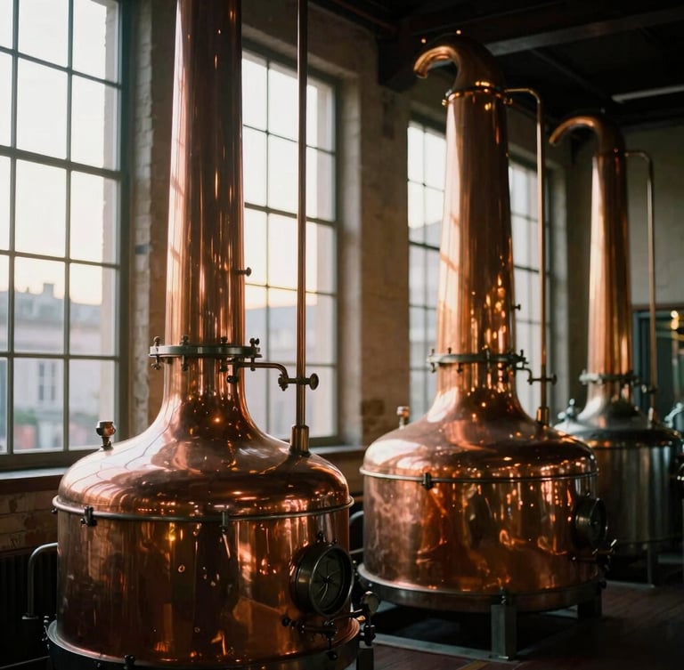 Impressive copper stills in a historic Lyon distillery, golden hour light filtering through high windows, warm metallic reflections
