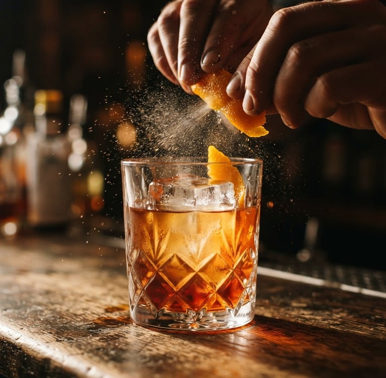 Close-up of a crystal glass with a clear ice cube, an orange zest expressing oils over the cocktail, dramatic side lighting, rich warm tones, shallow depth of field, 35mm film look