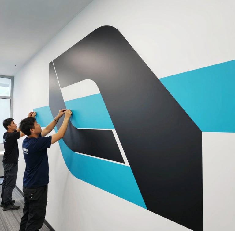 Wide environmental shot of professional installers applying a large matte black and cyan vinyl graphic to a modern office wall, clean lines