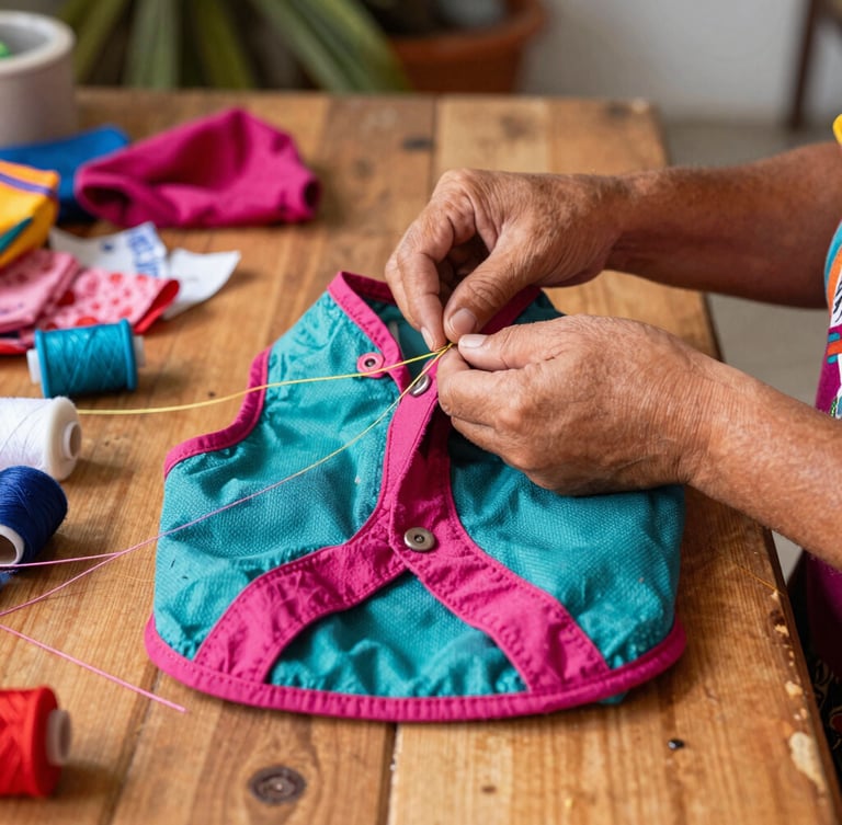 Hands carefully stitching a colorful teal and magenta dog vest in a warm, sunlit Mexican family workshop, fabrics and threads scattered on a wooden table, 35mm photography.