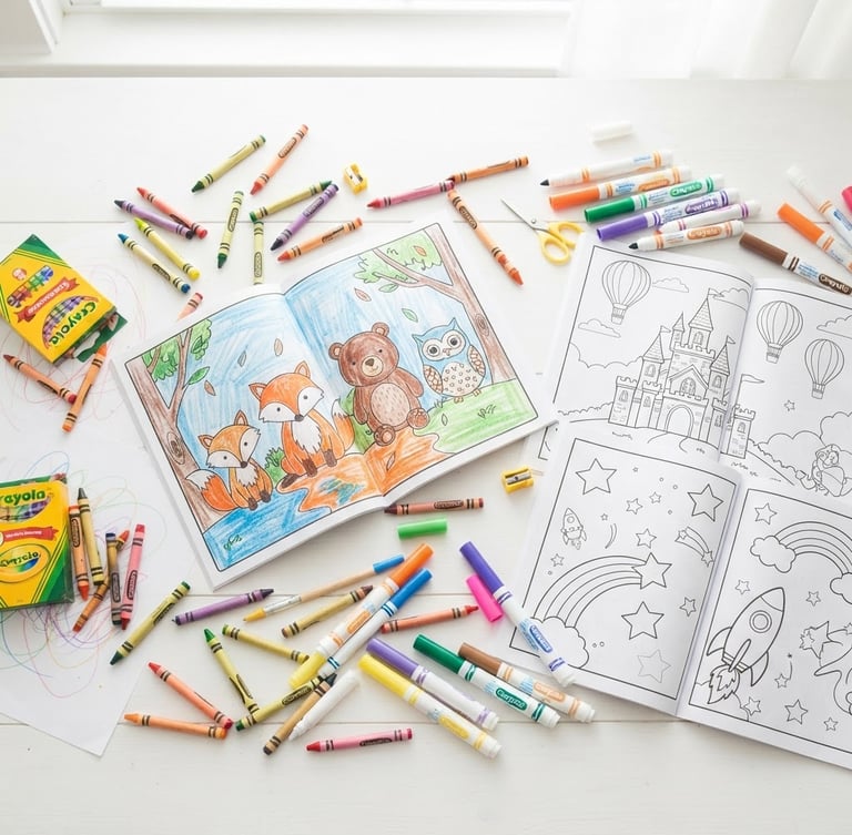 Cheerful flat-lay of open children's coloring books, crayons and markers scattered around, bright high-key natural daylight, soft airy shadows, clean white background, top-down view.