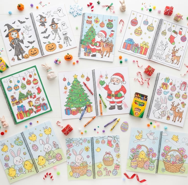 Bright, high-key flat-lay of assorted children's holiday coloring books (Christmas, Halloween, Easter) with crayons and festive decorations on a white background, soft natural daylight.