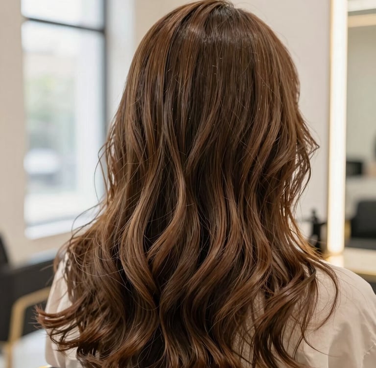 Close-up editorial of healthy, glowing colored hair texture under soft natural window light, showcasing rich tones and premium shine, shallow depth of field