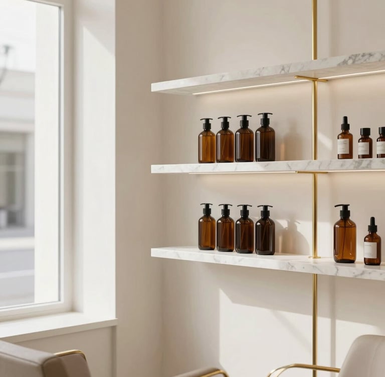 Minimalist luxury salon interior, clean off-white walls, marble shelves with premium amber glass bottles, soft natural window light, elegant gold accents, 35mm editorial photography