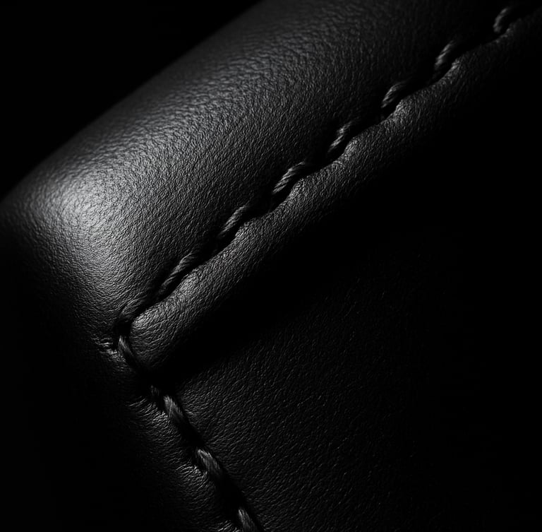 Extreme close-up shot of a pristine matte black leather edge with perfect hand-stitching, sharp directional studio light casting deep shadows, dark editorial photography style.