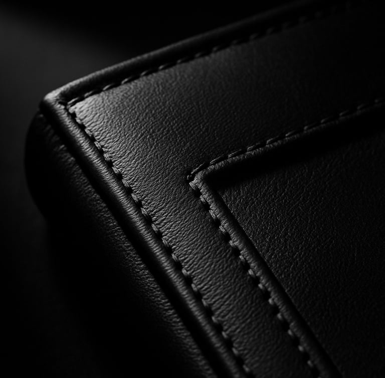 Close-up macro shot of pristine black leather textures and structural edges of an executive folio, sharp directional studio light casting deep shadows