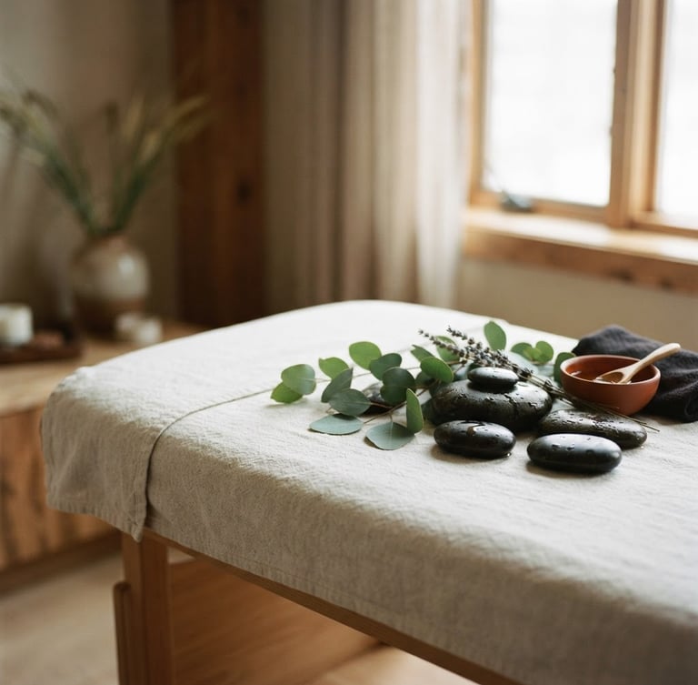 Wide portrait of smooth river stones and botanical elements on a treatment table, soft diffused window light, shallow depth of field, muted natural tones, 35mm film texture, right third composition.