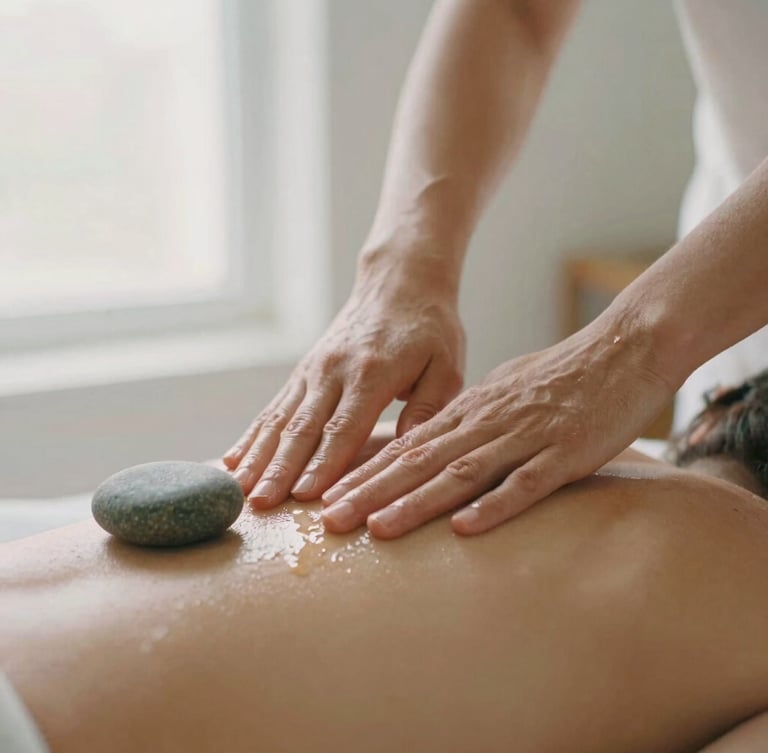 Close-up of hands applying deliberate pressure with natural oils on a client's back, a smooth river stone resting nearby, soft diffused window light, shallow depth of field.
