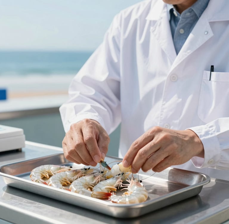 Close-up of a professional quality control inspector in white uniform checking shrimp size and quality on a clean metal tray, bright natural coastal daylight