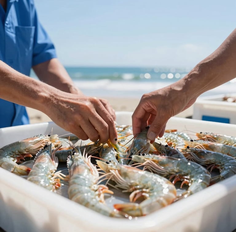 Close-up of hands conducting quality control on fresh shrimp inside a bright, clean Ecuadorian packing plant, natural coastal daylight, sharp focus
