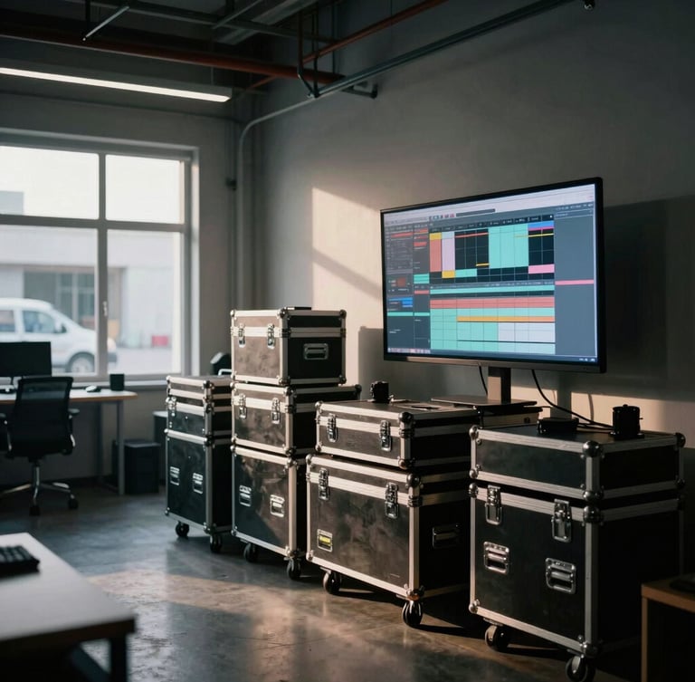 Dramatic, high-contrast cinematic photograph of a clean, modern industrial office space at Ruppel Productions HQ, with camera equipment cases stacked neatly, a large monitor displaying a production schedule, and a subtle view of a vehicle bay through a window. Cool-toned industrial lighting, deep shadows, warm highlights, 35mm lens.