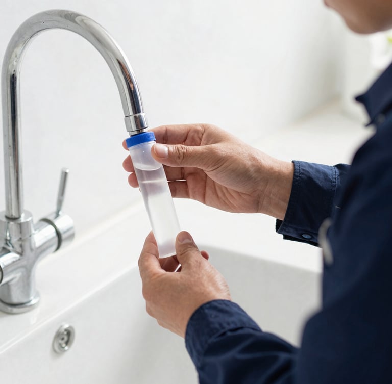 Close-up of a professional technician in a clean uniform collecting a water sample from a residential kitchen tap into a sterile vial, bright high-key natural light, 35mm.