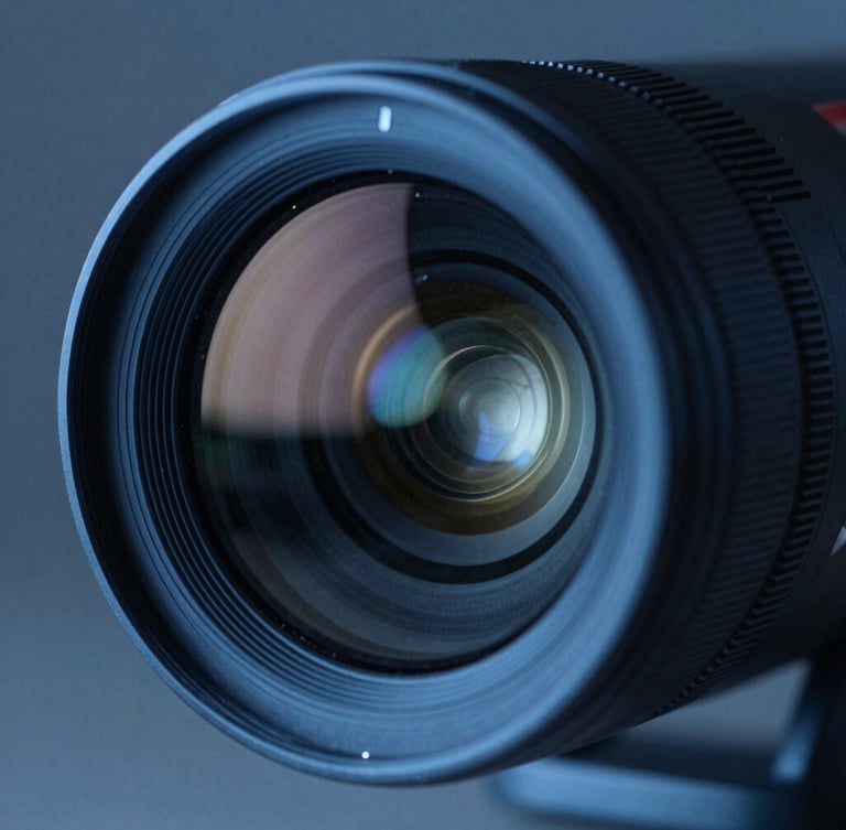 Macro close-up of a high-end thermal surveillance camera lens, cool-toned blue night lighting, sharp technical reflections on the glass surface