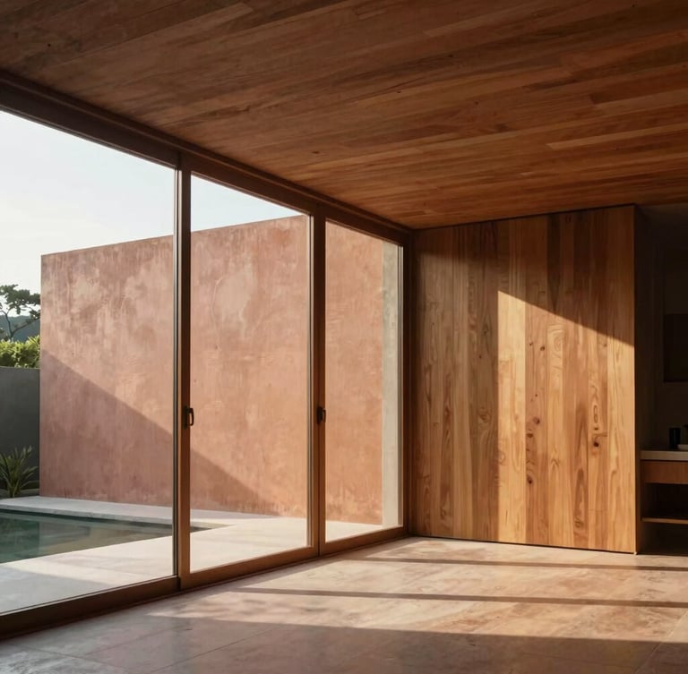 Minimalist concrete and wood residence in Gávea, large glass facades, soft natural daylight, elegant shadows, warm architectural photography