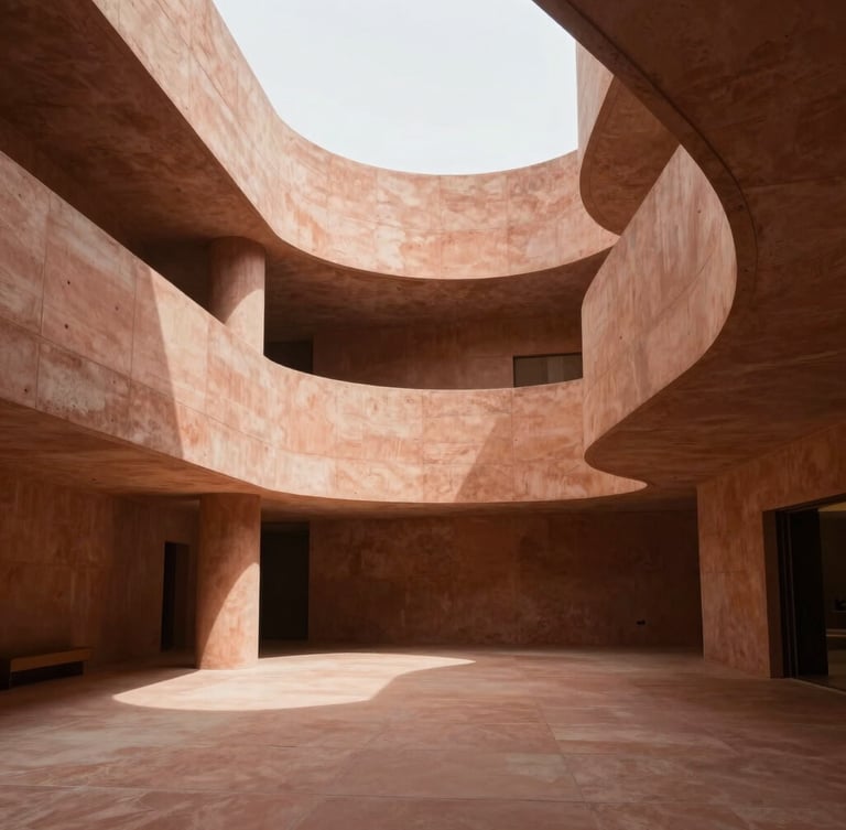 Wide environmental shot of contemporary high-end architecture, minimalist concrete curves with soft shadows, warm terracotta and sand tones, diffused natural daylight, elegant architectural geometry.