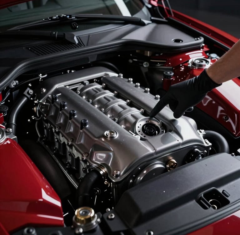 Detailed macro shot of a luxury car engine bay, pristine and polished, with a technician's gloved hand pointing to a certified component, low-key studio lighting, sharp reflections.