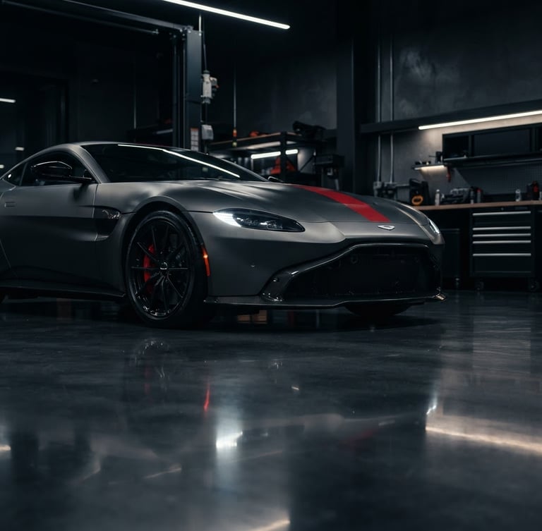 Dramatic low-angle shot of a pristine luxury car in a modern, dark showroom service bay, sharp reflections on polished floor, low-key studio lighting, deep graphite and crimson tones, 35mm prime lens