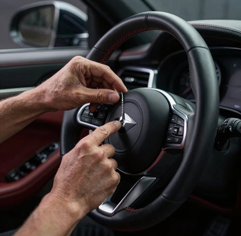 Tight macro detail of a master technician's hands inspecting the stitched leather steering wheel of a luxury car, low-key studio lighting, deep graphite tones, sharp reflections, 35mm prime lens