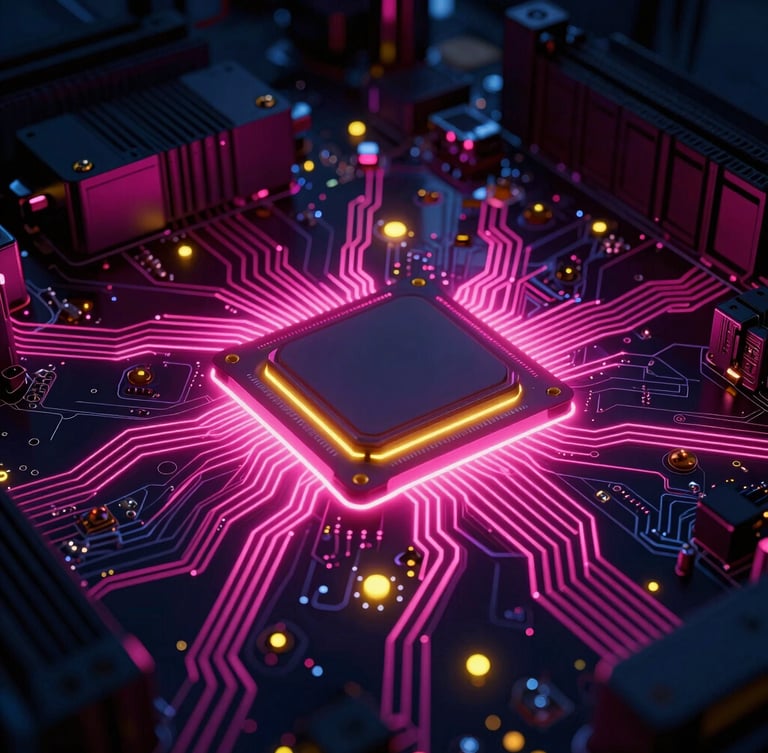 Macro shot of a glowing server motherboard trace, intense neon pink laser lines illuminating copper pathways, dark low-key cybernetic environment, 3d render