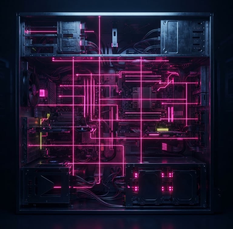 futuristic 3d render of a bare-metal server chassis, low-key dark navy lighting, vibrant neon pink laser lines slicing across the hardware, octane render