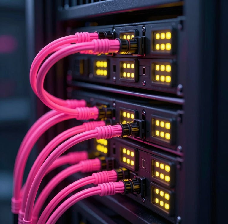 Macro close-up of a high-density server rack, glowing neon pink fiber optic cables, intricate yellow status LEDs, dark cybernetic atmosphere, octane render 3d.