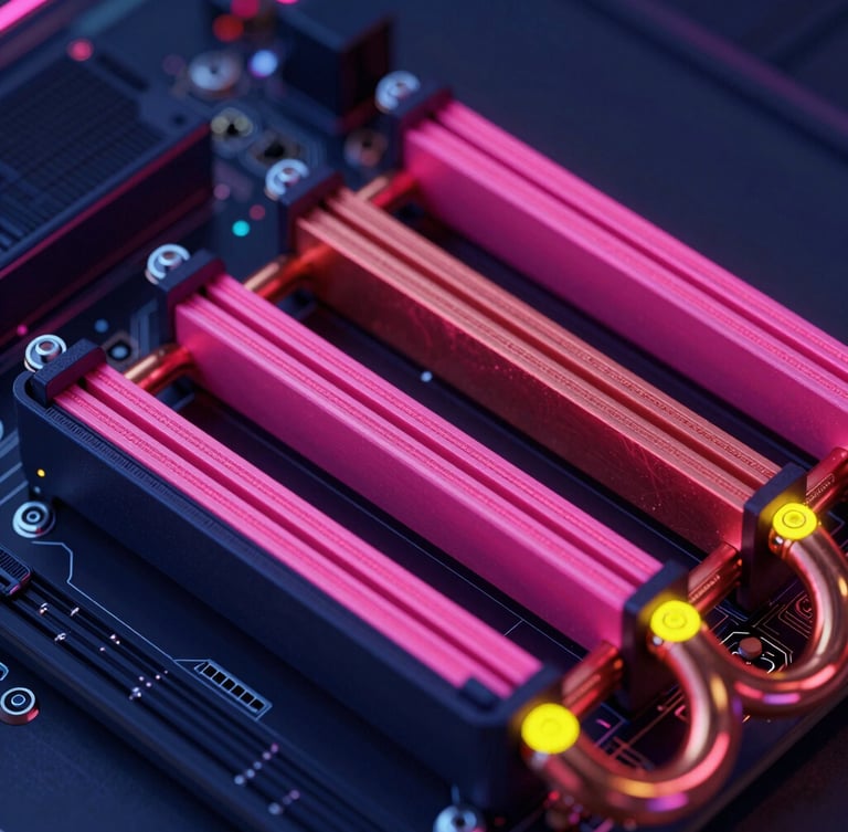 Extreme close-up of a high-performance server motherboard, copper heat pipes, glowing neon pink fiber optic channels, dark navy shadows, futuristic 3d render