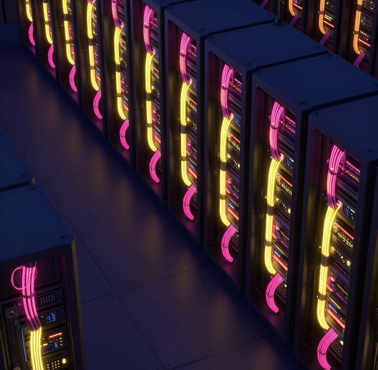 Isometric wide-angle view of a futuristic data center corridor, glowing yellow and pink fiber optic cables running along server racks, dark navy atmosphere, 3d render