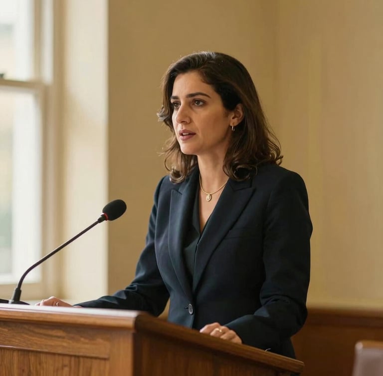 Warm editorial portrait of a female medical academic, Dra. Aída Lizárraga, in a professional dark navy blazer, speaking at an elegant wooden lectern with soft window light, deep navy and gold tones, shallow depth of field