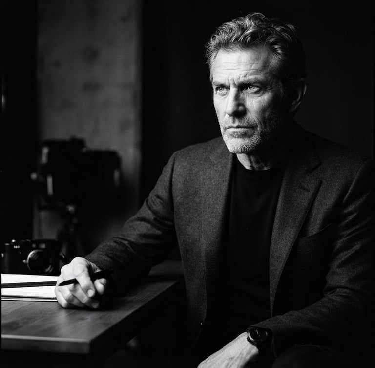 High-contrast black-and-white portrait of a senior creative director in a minimalist studio, hard side lighting, deep shadows, 35mm