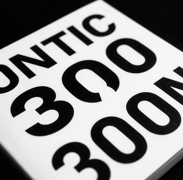 Close-up of a physical printed brand book with sharp typography, high-contrast black and white, hard shadows, minimalist composition, 35mm