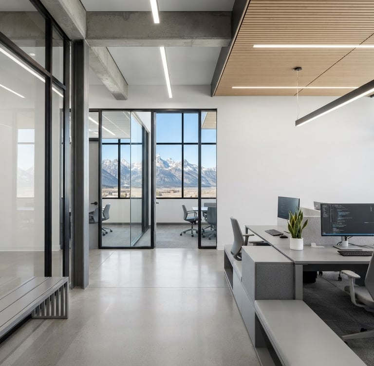 Clean corporate office interior in Wyoming, bright neutral daylight, minimalist slate gray furniture, architectural framing, sharp focus
