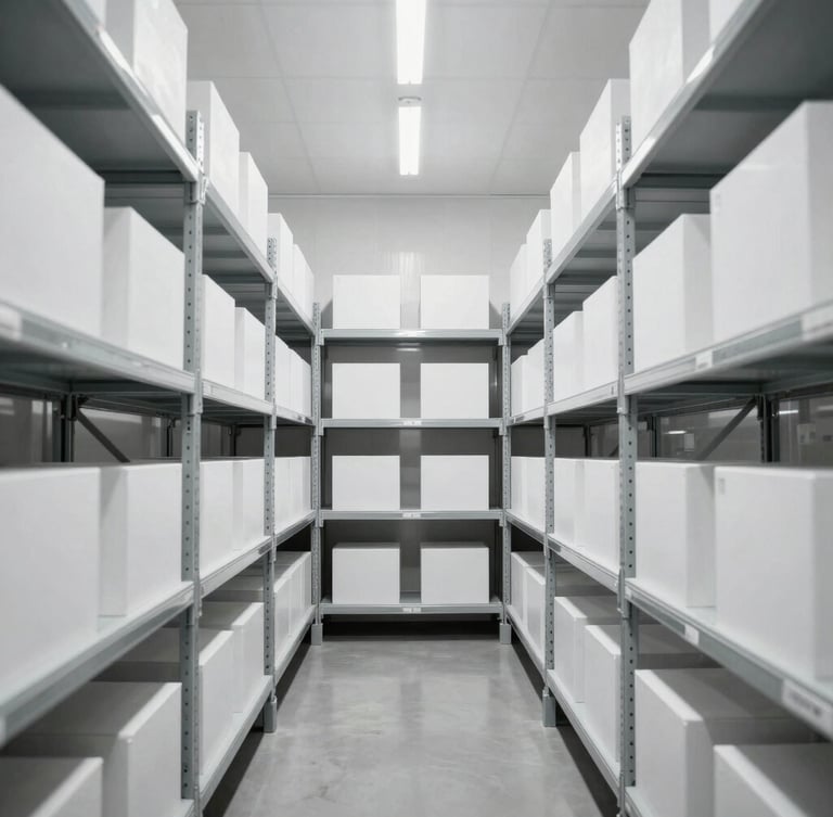 Organized modern logistics warehouse, clean shelves, bright daylight, high clarity, architectural framing, focusing on order and structure