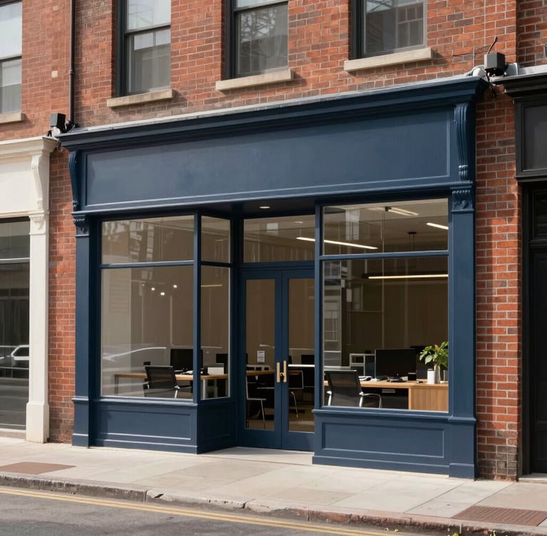 Medium-wide architectural shot of a modern brick-and-mortar storefront in a clean commercial district, soft natural morning daylight, professional 35mm photography, muted navy and slate tones.