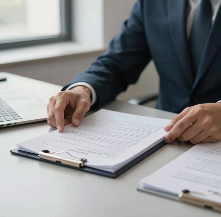 Close-up of professional hands reviewing official municipal documents on a clean slate-colored desk, soft office window light, organized corporate environment, professional 35mm photography.