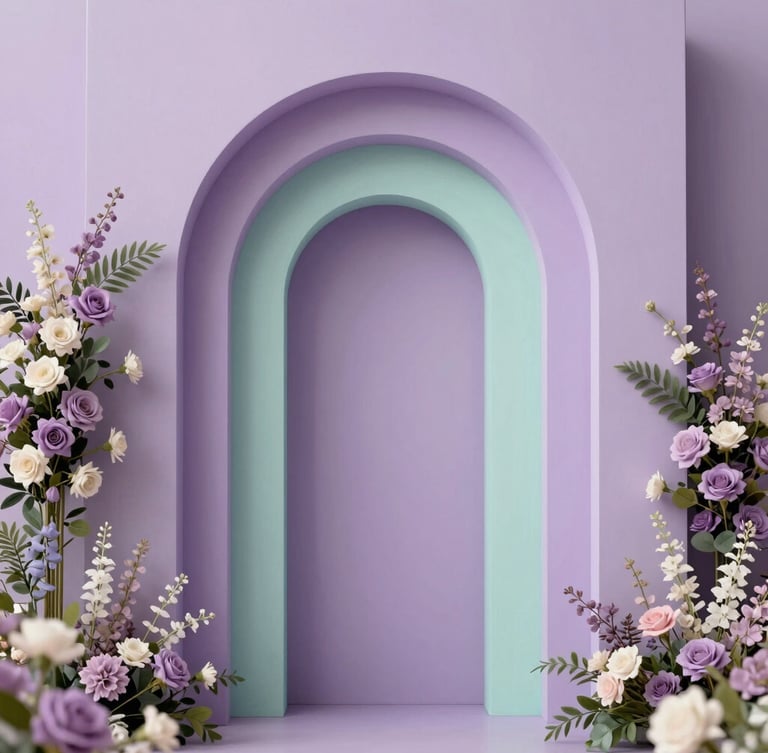 A tall, architectural arch backdrop in soft lilac and mint tones, framed by delicate floral installations under soft, diffused natural light.