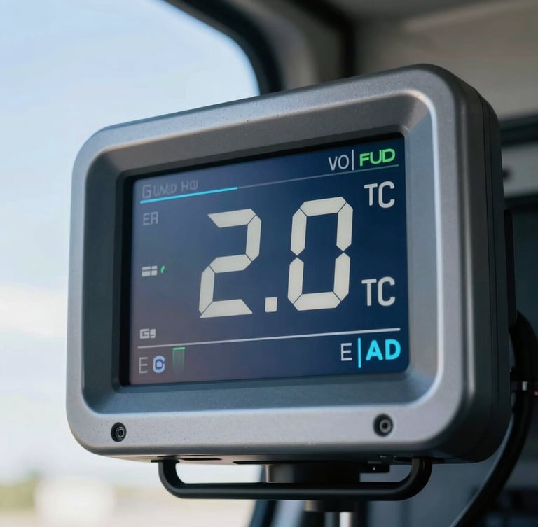 Close-up of a digital telemetry screen inside a truck cabin displaying precise temperature readings at 2.0 degrees Celsius, sharp modern interface, clean industrial design, crisp daylight